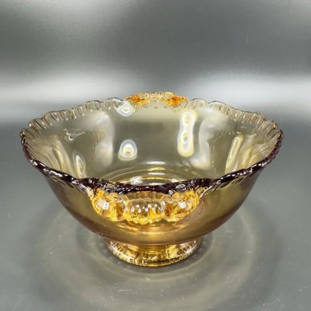 Vintage Gadroon Edges Amber Glass Footed Dish Bowl Container With Handles VTG‎